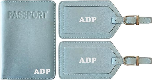 Personalized Monogrammed Chambray Leather RFID Passport Cover Holder and 2 Luggage Tags