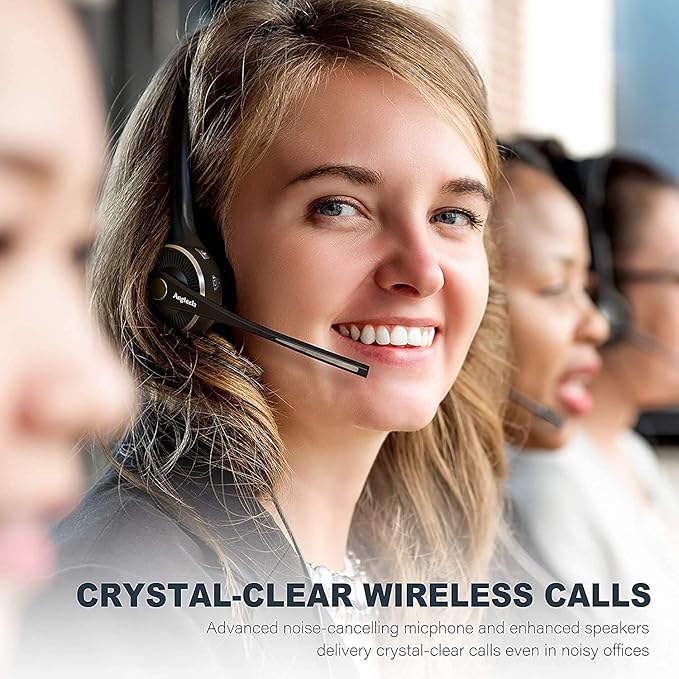 Trucker Bluetooth Angteela Headset with Microphone, Wireless Cell Phone Headset with Noise Canceling Mic Charging Base Mute Function for Home Office Call Center Skype