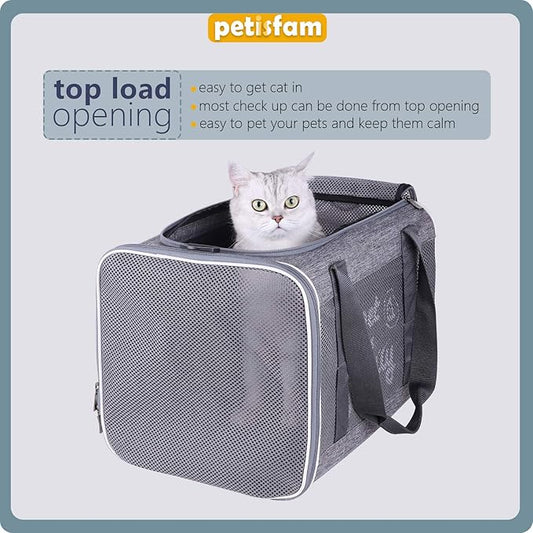 You've got This Cat Carrier with Privacy Flaps for Nervous Fur-Kids. Top-Load Quick-in. 360° Airy Mesh Windows Let Cats See You & Reduce Travel Anxiety. Rip-Stop Fabric & Lockable Zips Hug Securely