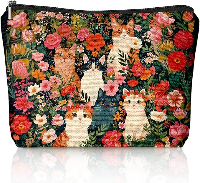 Retro Cat Makeup Bag, Kitty Cosmetic Zipper Travel Toiletry Bag for Traveling Women, Cute Black Cat Gifts for Women & Teen Girls, Cats Gifts Lovers