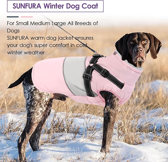 SUNFURA Small Dog Coat with Harness Built in, Warm Dog Jacket Winter with Zipper On Back, Waterproof Pet Snow Jacket Snowsuit Pet Sweater Clothes for Puppy, Pink XS