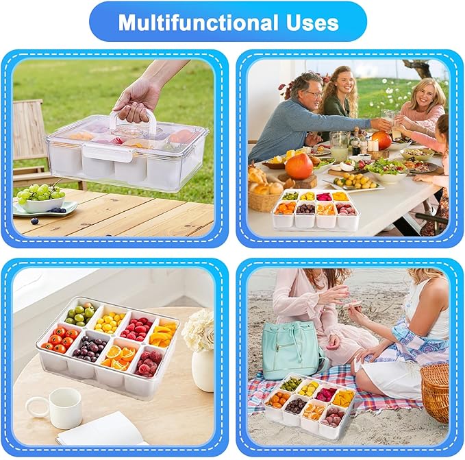 Portable Snackle Box Container with Resuable Ice Pack,Divided Serving Tray with Lid and Handle,8 Compartment Kids Lunch Box,Charcuterie Board Organizer for Travel Beach Road Trip Picnic