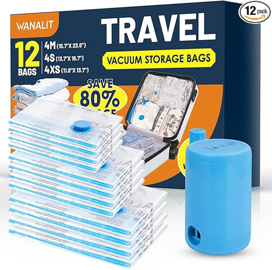 Vacuum Storage Bags for Travel, 12 Pack (4M+4S+4XS) Vacuum Seal Bags with Wireless Rechargeable Electric Pump, Travel Essentials Space Saving Bag for Clothes, Luggage, Carry-on Suitcase, Backpack