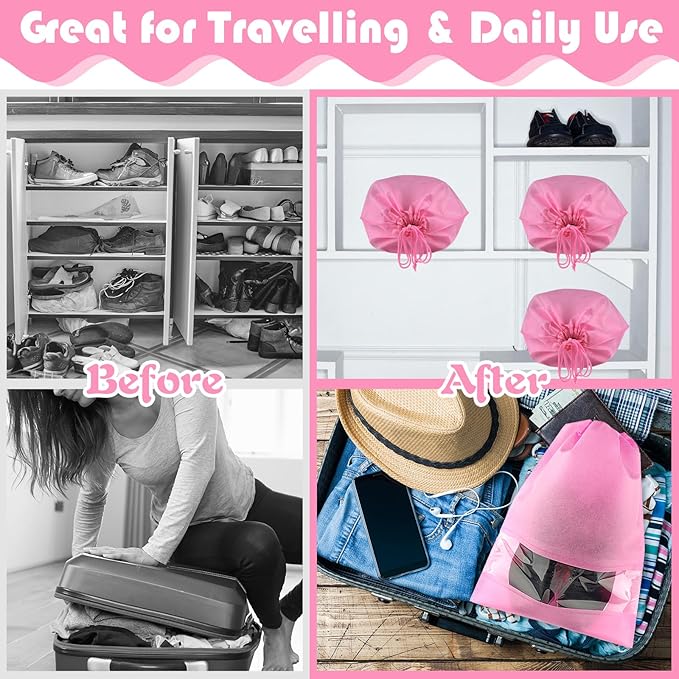 Large Pink Travel Shoe Bags - 10 Pcs, Non-Woven Drawstring with Clear Window (12.6" X 17.3")
