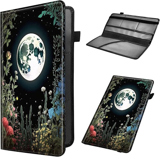 Car Registration and Insurance Holder, Leather Car Glove Box Organizer, Cool Car Accessories for ID, Driver's License Cards & Essential Document,Men&Women,business cards,Grass Flowers Moon Star