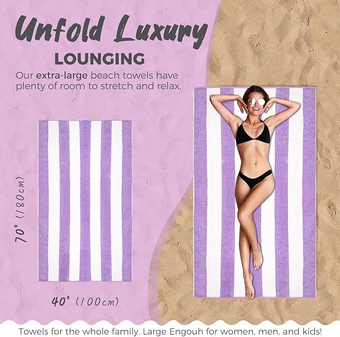Cotton Oversized Beach Towel - 40 x70 Inch Extra Large Striped Pool Towel, Big Soft Terry Cloth Purple Cabana Swim Towel