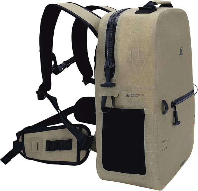 Breakwater Supply™ River Ute Waterproof IP68 Hunting Backpack, Floating TPU Submersible Dry Bag with Padded Hip Belt and Airtight Zippers | 20L (River Ute 20L CORDURA Safari Tan)
