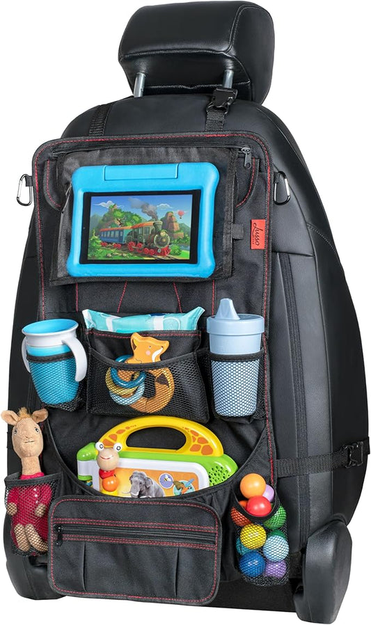 Lusso Gear Heavy Duty Back Seat Car Organizer Extra Large for Powerful Protection, Sag Proof & Reinforced Corners, Protects iPad & Backseat, 12 Versatile Car Seat Organizer Storage Compartments, (Red)