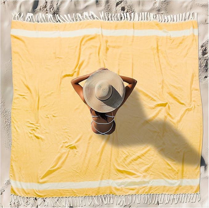 Oversized Turkish Beach Towel Blanket XXL Cotton Sandproof Towels Boho Woven Extra Large Big Sand Free Giant Throw Blankets Huge Quilt XL Picnic Camping Necessities Cloud For Adult Gifts Yellow
