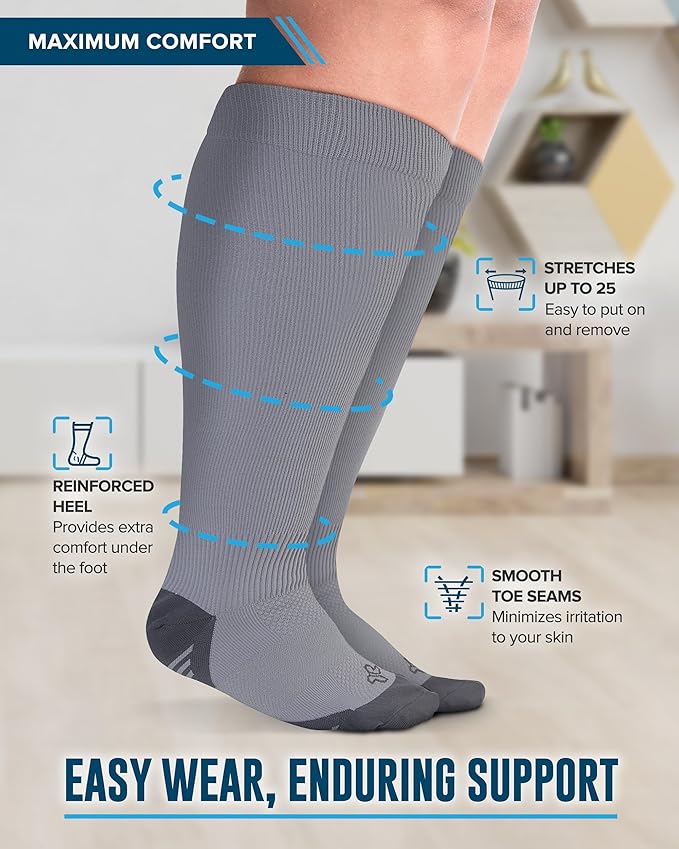 Doctor's Select 3 Pairs Plus Size Compression Socks Wide Calf - Up to 6XL | 20-30 mmHg Compression Socks for Women Wide Calf | Gray, Light Blue, Rose Gry/LghtBlu/Rse-4XL