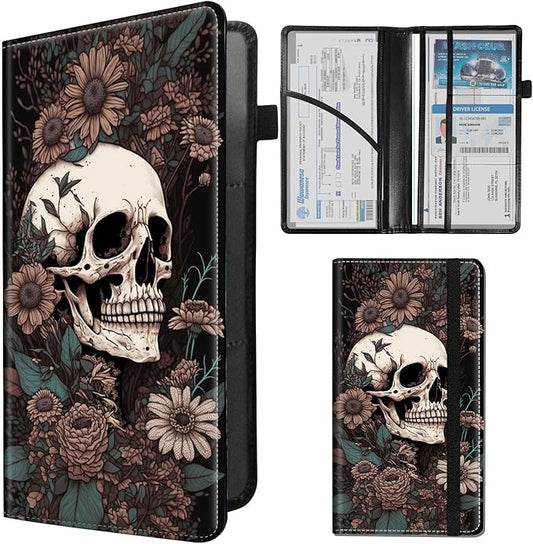 Car Registration and Insurance Holder,Leather Insurance License and Registration Card Holder for Car Glove Box, Auto Truck Document Holder Organizer for Men Women,Skull Flowers