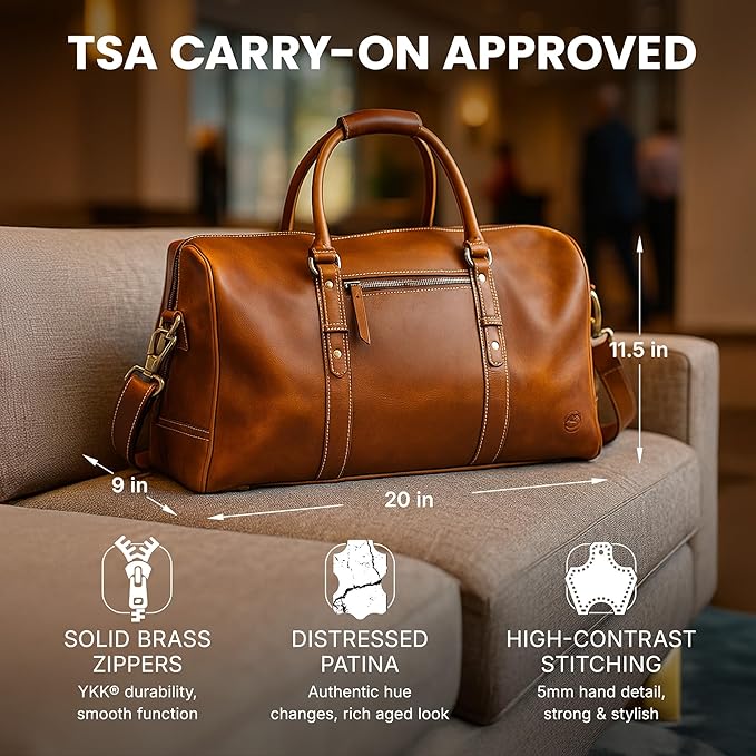 Premium Full-Grain Leather Duffle Bag for Men & Women | 20-Inch Handcrafted TSA Approved Carry-On Weekender Travel Bag with Multiple Pockets & Compartments by Northridge Leather (Antique Brown)