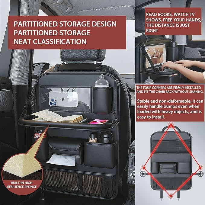 Car Backseat Organizers and Storage, PU Leather Car Seat Back Protector with Foldable Table Tray and Touch Screen Phone Holder, Suitable for Most Vehicles (Black)