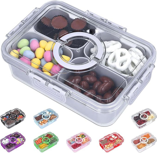 Snackle Box Container with Lid- Travel Charcuterie Box with Handle - Organizer for Candy, Fruit, Nuts, Veggies, Snacks, Beach Essentials, Portable Lunch Box (Grey, Small)