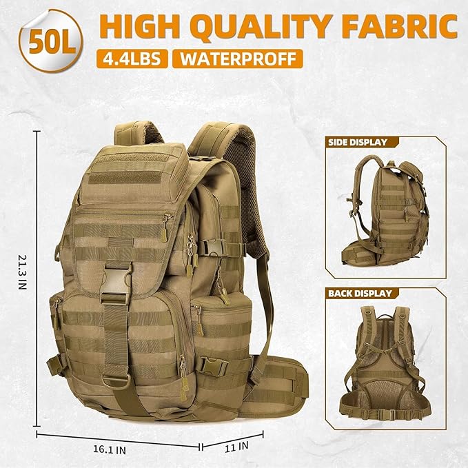 HongXingHai 50L Military Tactical Backpack 3 Day Assault Pack Molle Daypack Hiking Backpack for Men and Women (Khaki)