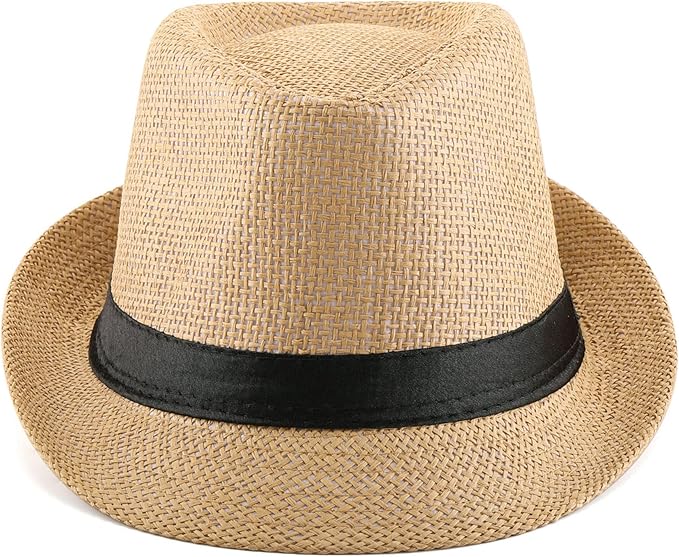 FALETO Unisex Summer Panama Straw Fedora Hat Short Brim Beach Sun Cap Classic