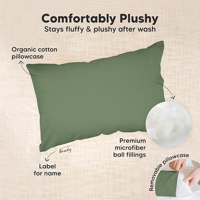 Mini Toddler Pillow with Pillowcase - 9x13 My Little Dreamy Travel Kids Pillow for Sleeping, Toddler Bed, Small, Tiny, Organic Cotton Pillowcase, Soft & Breathable, Kids 2-4 Years Old (Jungle Green)