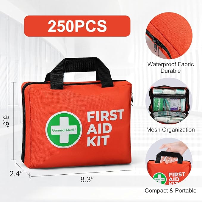 General Medi First Aid Kit, 250 Piece Small First Aid Kit - Includes Emergency Foil Blanket, Instant Cold Pack,Scissors for Travel, Home, Office, Vehicle, Camping, Workplace & Outdoor