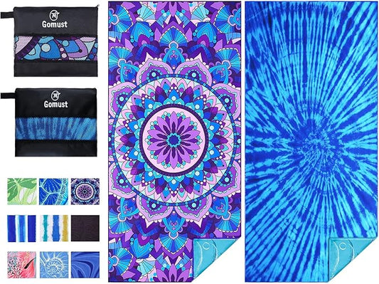 2 Pack Lightweight Thin Beach Towel Oversized 71"x32" Big Extra Large Microfiber Sand Free Towels for Adult Quick Dry Travel Camping Beach Accessories Vacation Essential Gift Tie Dye Purple Mandala