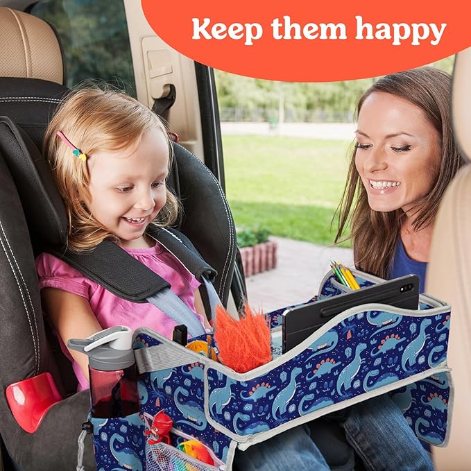 PILLANI Kids Travel Tray for Car - Car Seat Tray for Kids Travel, Road Trip Essentials Must Haves - Carseat Table Roadtrip Activities - Toddler Lap Desk Organizer for Airplane - Kids Travel Essentials