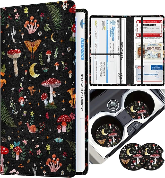 Slohif Car Registration and Insurance Holder - Black Mushroom Vehicle Glove Box Organizer Women with Magnetic Shut Leather Automobile License Holders Coasters Auto Accessories Case for Document