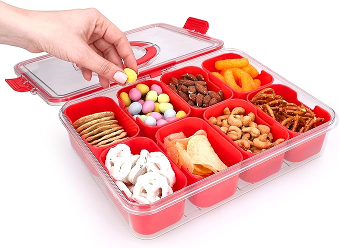 Snackle Box Container with Lid- Travel Charcuterie Box with Handle - Organizer for Candy, Fruit, Nuts, Veggies, Snacks, Beach Essentials, Portable Lunch Box (Red, Large)
