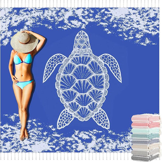 Oversized Turkish Beach Towel Blanket Cotton Giant XL Sandproof Towels Huge Linen XXL Extra Large Big Throw Quilt Blankets for Adults Blue Turtle