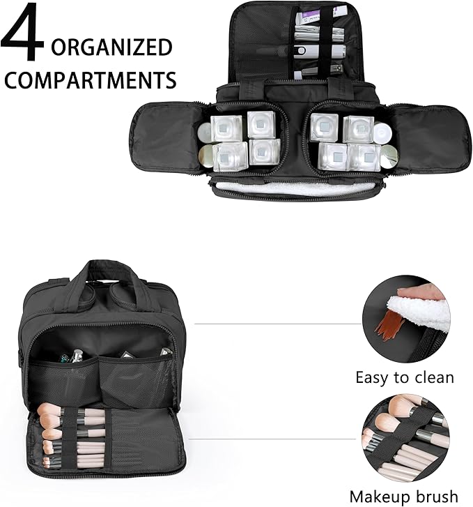 Travel Toiletry Bag for Women, Large Wide-open Puffy Cosmetic Makeup Bag with Wet-Dry Separation, Multi-Pocket Organizer with Carry Handle for Toiletries, Cosmetics, Essentials, Black