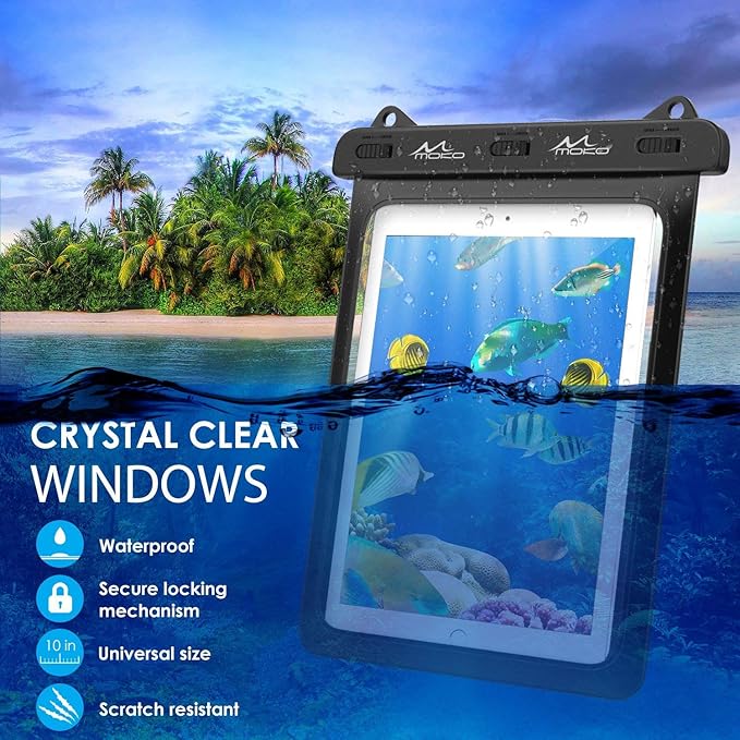 MoKo Waterproof Tablet Case, Tablet Pouch Dry Bag Compatible with iPad 10th, iPad Pro 11 2022, iPad 9/9.7/10.2, iPad Mini 6/5/4/3, iPad Air 5/4, Air 3, Galaxy Tab S6/S7, Tab A 9.7, Up to 12", Black
