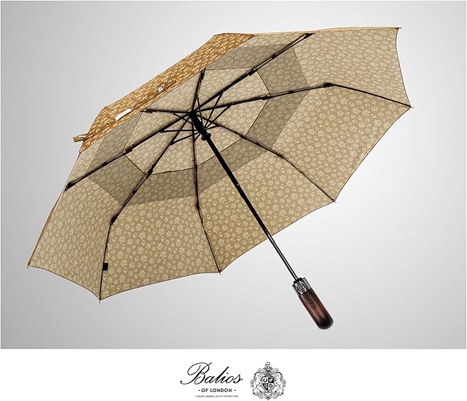 Balios Travel Folding Umbrella with Real Wood Handle Auto Open Close Vented Windproof Canopy - Designed in UK