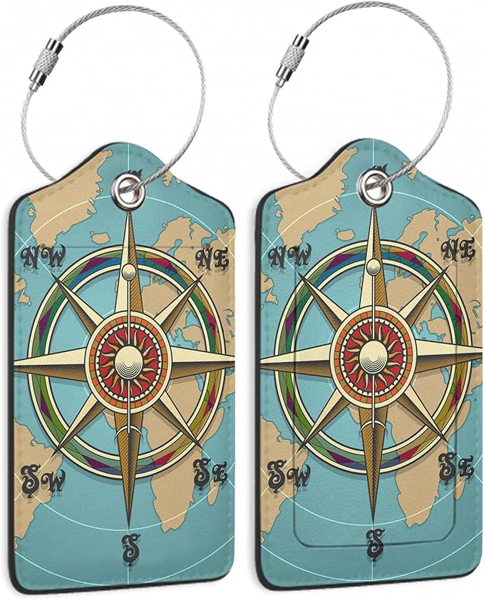 Luggage Tags for Suitcase,2 Pack Nautical Compass Luggage Tag World Map Leather Privacy Cover ID Label with Stainless Steel Loop for Women Men Kids Girls Travel