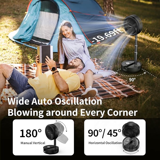 Socool 40000mAh Portable Fan Foldable Battery Rechargeable with 8 Speed & 106H, 90° Osciliating Floor Standing Fan Remote, Desk Fan with 8H Timer & LED Light for Home Outdoor Travel Camping