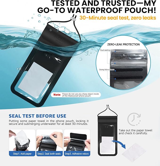 HiRui Universal Waterproof Phone Pouch with Touch Screen, IP68 Waterproof Phone Case Dry Bag for Beach, Compatible with iPhone 16/15/14/13/12/XR/SE, Samsung Galaxy, Fits up to 6.1" (Black, Large)