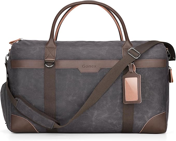 Gonex Waxed Canvas Duffle Bag for Travel, Water-resistant Vintage 55L Duffel Weekender with Shoes Compartment & Luggage Tag, Heavy-duty Overnight Bag with Suitcase Handle Sleeve for Men, Dark Grey