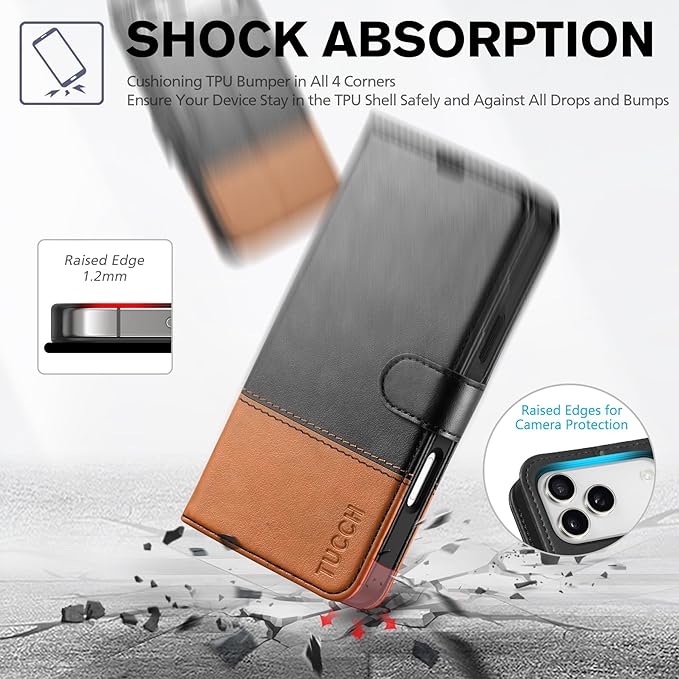TUCCH Wallet Case for iPhone 17 Pro Max (6.9") 2025, RFID Blocking 4 Card Slots, Kickstand, Shockproof TPU Shell, PU Leather, Magnetic Closure, Protective Flip Folio Cover, Black & Brown