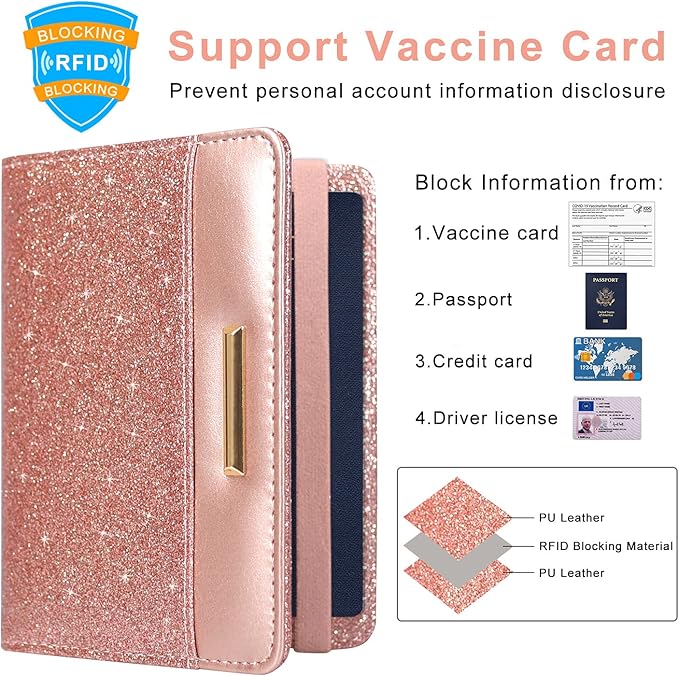 Caweet Passport Holder and Vaccine Card Holder Combo RFID Blocking Leather Vaccination Card Wallet with Elastic Band Closure, Glitter Rose Gold
