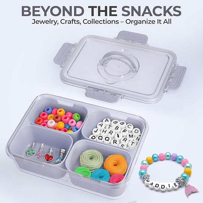 Snackle Box Container with Lid- Travel Charcuterie Box with Handle - Organizer for Candy, Fruit, Nuts, Veggies, Snacks, Beach Essentials, Portable Lunch Box (Grey, Small)