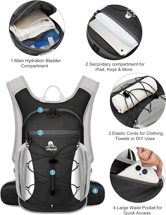 Hydration Backpack with 2L Water Bladder - Lightweight 15L Daypack with Phone-Sized Hip Belt Pockets, Anti-Chafe Cotton Edging & No-Bounce Straps - Small Water Backpack for Hiking, Running, Skiing