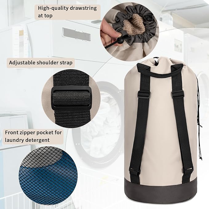 Laundry Bag Backpack with Shoulder Straps and Mesh Pocket Foldable Clothes Hamper Bag with Drawstring Closure for College, Apartment, Laundromat (Grey)