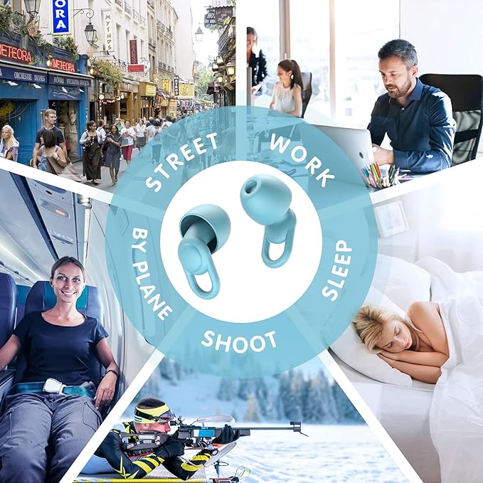 Silicone Ear Plugs for Noise Reduction - Reusable Soft Comfortable Earplugs for Sleeping,Noise Sensitivity & Flights -16 Ear Tips in XS/S/M/L, with 2 Travel Boxes - 33dB Noise Cancelling (Light Blue)