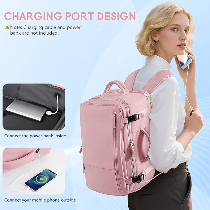 Beraliy Travel Backpack for Women, Airline Approved Bag, Carry On Waterproof Hiking Backpack, 16 inch Laptop Backpack, Overnight Bag, Pink
