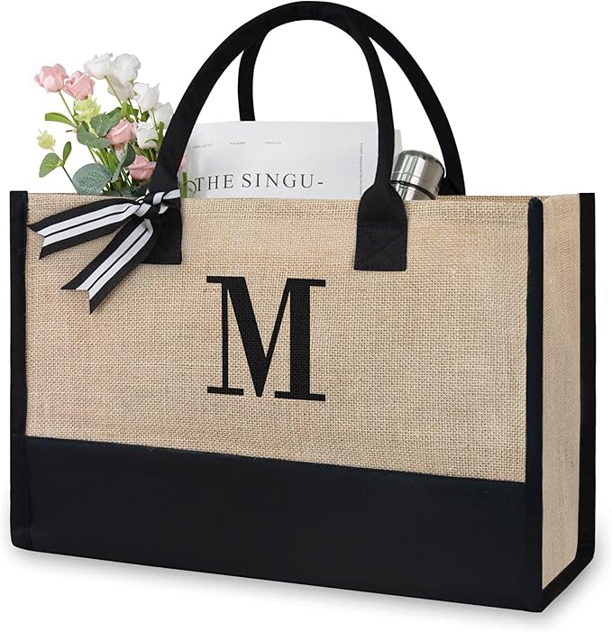 TOPDesign Personalized Initial Canvas Beach Bag, Monogrammed Gift Tote Bag for Women