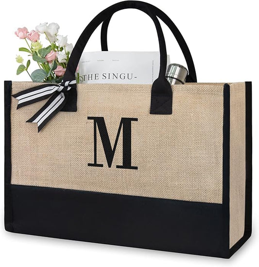 TOPDesign Personalized Initial Canvas Beach Bag, Monogrammed Gift Tote Bag for Women
