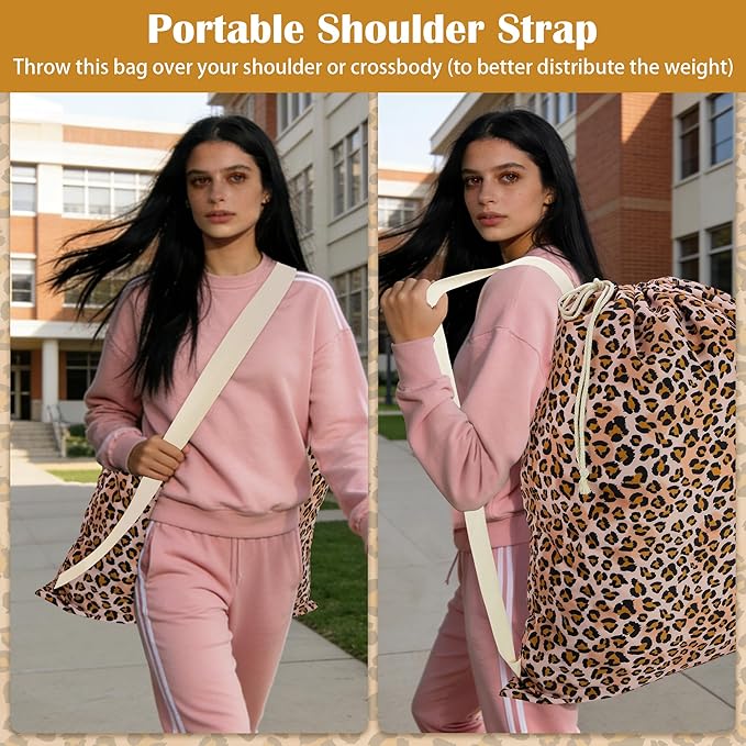 Canvas Laundry Bag with shoulder Strap 24" x 29", Large Drawstring Dirty Clothes Bag Washable Laundry Sack for College Dorm, Travel, Home, Camp (Leopard)