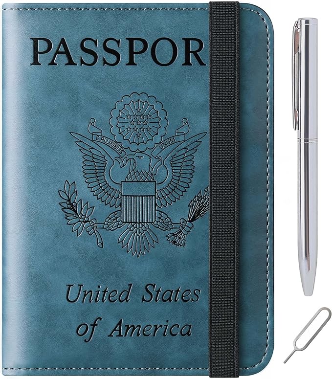 Passport Holder Cover Wallet Travel Essentials Leather Rfid Blocking Case Vacation Luggage Must Haves Travel Accessories for Men Women (116#Blue)