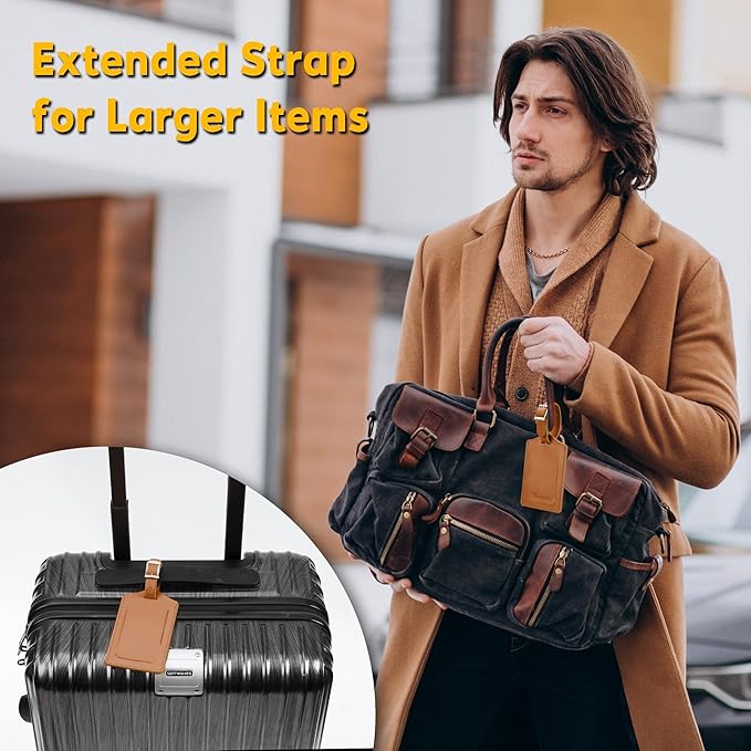 Travelambo 8 Pack Luggage Tags Faux Leather for Suitcases Travel Bag Labels Travel Accessories Essential with Protection Cover ID (Yellowish Brown)