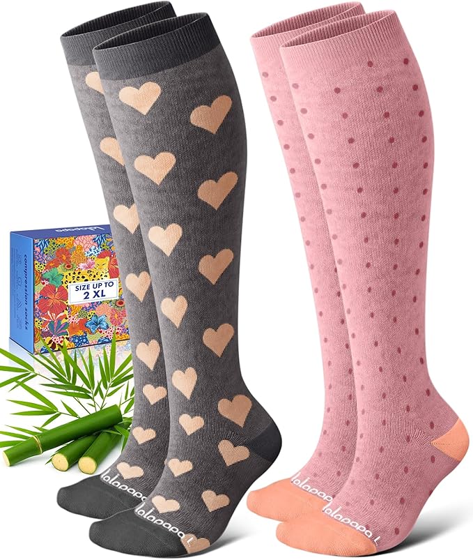 Bamboo Viscose Compression Socks for Women Men 2 Pairs 15-20mmHg Knee High Compression Socks Travel Nurse