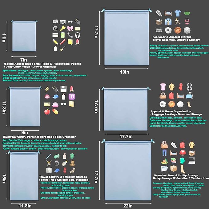 Microfiber Drawstring Bags, Multi-Size Soft Protective Pouches for Shoes, Ski Goggles, Sunglasses, Handbags & Camera Lenses