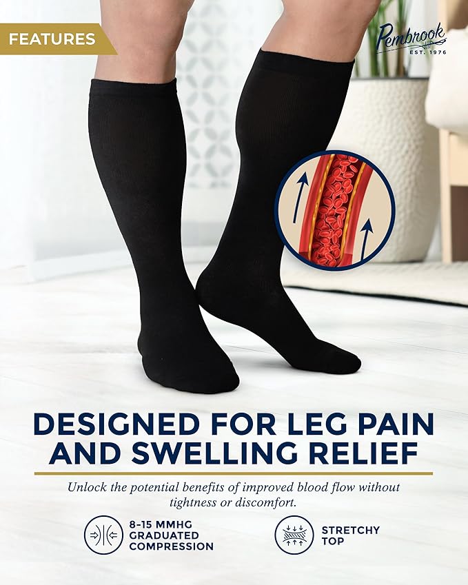 Pembrook Light Compression Socks for Men - 6 Pairs | 8-15 mmHg Graduated Compression Socks for Men 9-12 | Support Socks