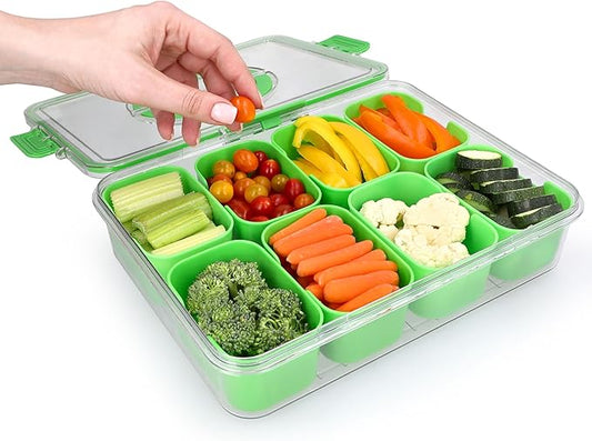 Snackle Box Container with Lid- Travel Charcuterie Box with Handle - Organizer for Candy, Fruit, Nuts, Veggies, Snacks, Beach Essentials, Portable Lunch Box (Green, Large)